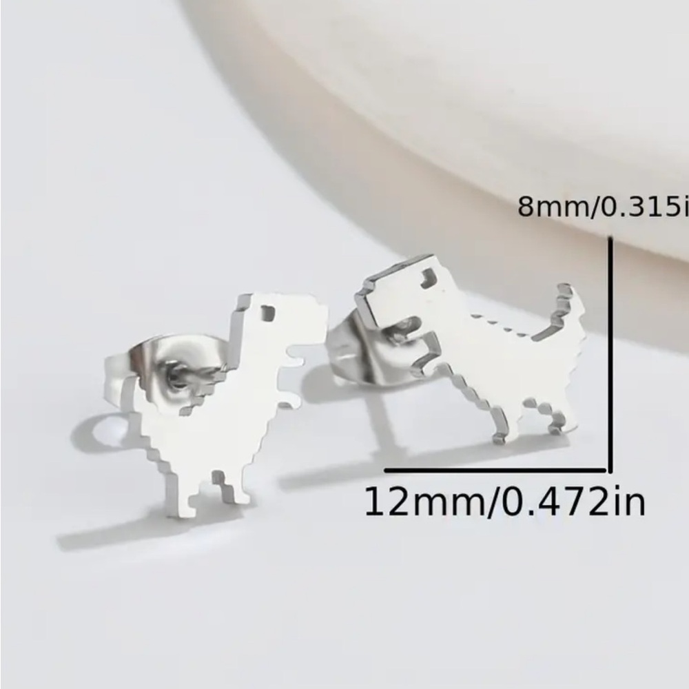 Silver Stainless Steel Pixel Dinosaur Stud Earrings - Picture 2 of 2